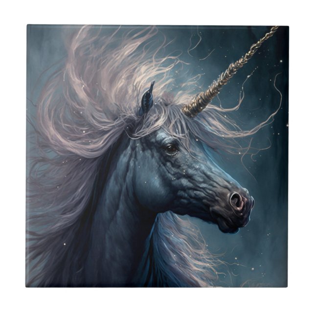 Black Unicorn Fantasy Art Tile (Front)
