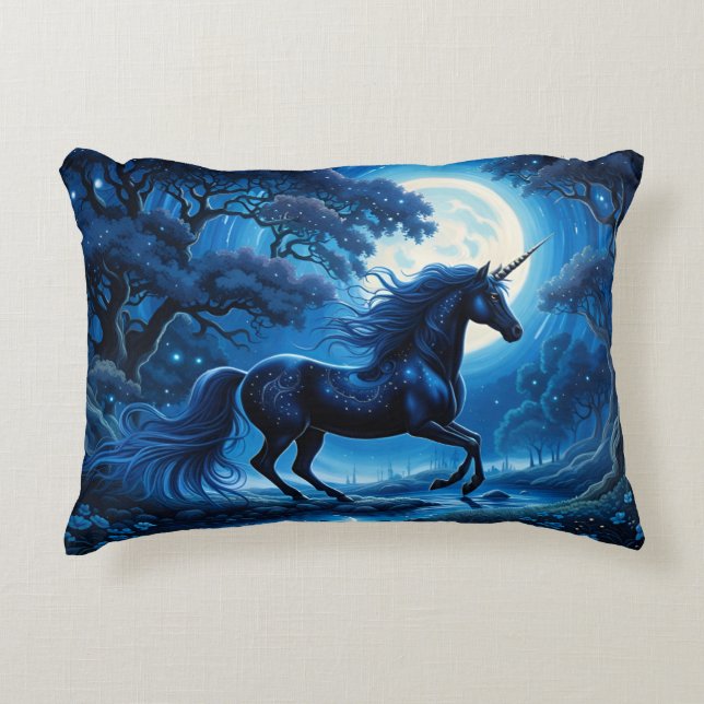 Black Unicorn Fantasy Full Moon Accent Pillow (Front)