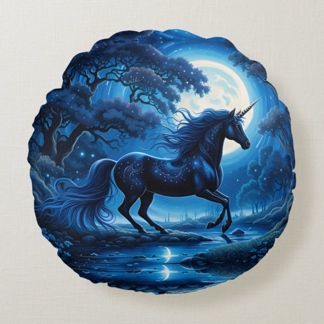 Black Unicorn Fantasy Full Moon Round Pillow (Front)