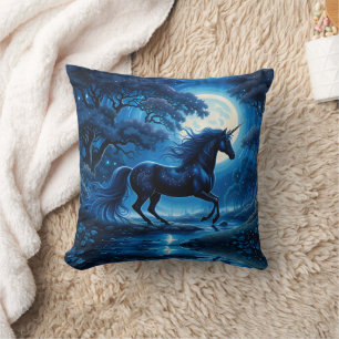 Black Unicorn Fantasy Full Moon Throw Pillow