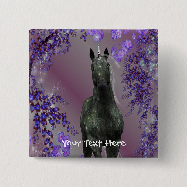 Black Unicorn Flowers Fantasy Button (Front)