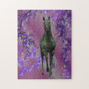 Black Unicorn Flowers Fantasy Horse Art Jigsaw Puzzle