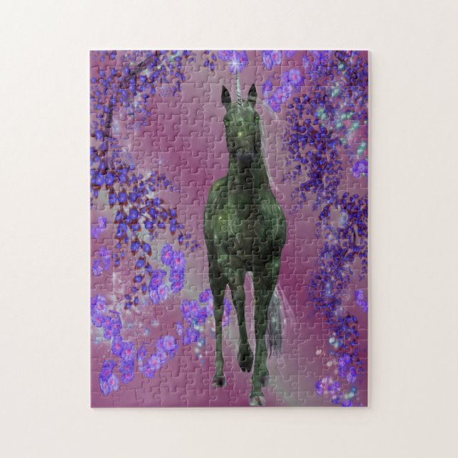 Black Unicorn Flowers Fantasy Horse Art Jigsaw Puzzle (Vertical)
