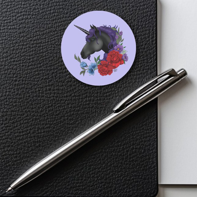 Black Unicorn Flowers Purple Classic Round Sticker (Creator Uploaded)