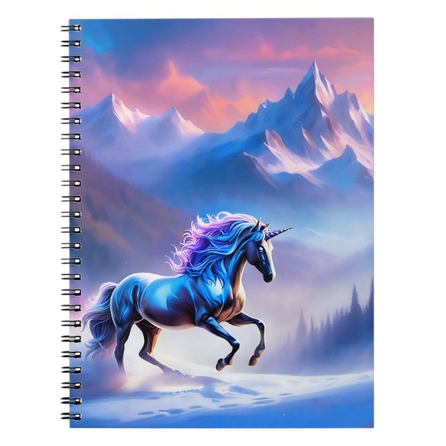 Black Unicorn in a Dreamy Winter Landscape Notebook (Front)