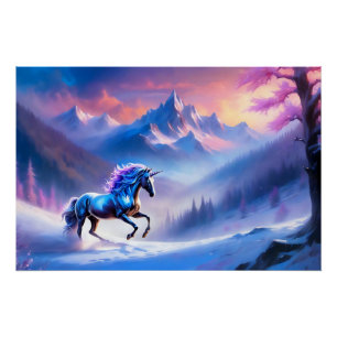 Black Unicorn in a Dreamy Winter Landscape Poster