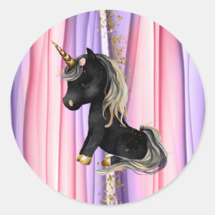 Black Unicorn Pink Ears Classic Round Sticker