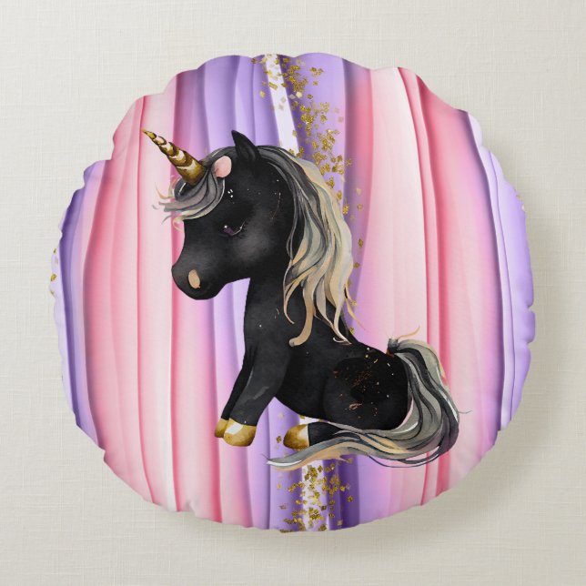 Black Unicorn Pink Ears  Round Pillow (Front)