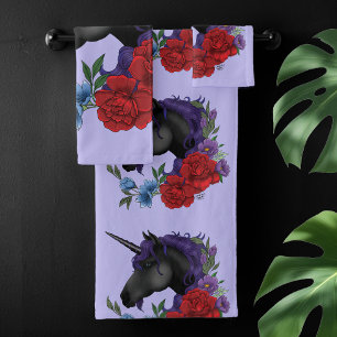 Black Unicorn Purple Midnight Garden Flowers Bath Towel Set