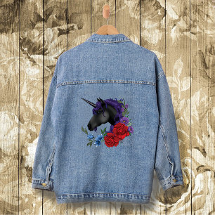 Black Unicorn Purple Midnight Garden Flowers Denim Jacket