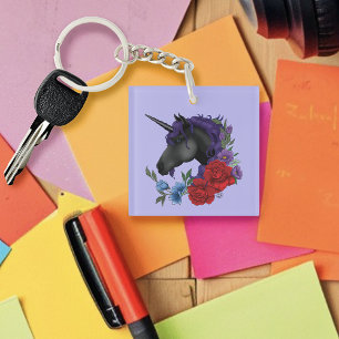 Black Unicorn Purple Midnight Garden Flowers Keychain