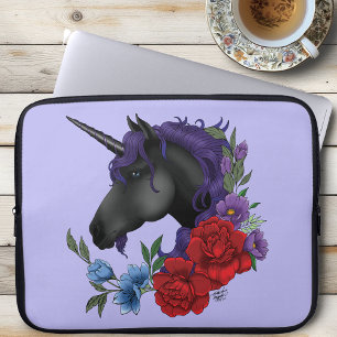Black Unicorn Purple Midnight Garden Flowers Laptop Sleeve