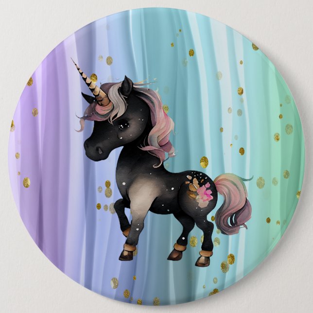Black Unicorn Purple Pink Tail  6 Inch Round Button (Front)