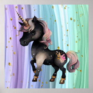Black Unicorn Purple Pink Tail  Poster