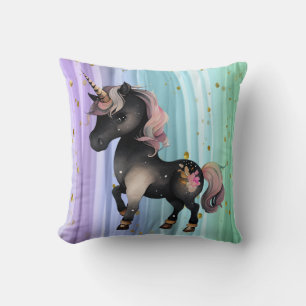 Black Unicorn Purple Pink Tail Throw Pillow