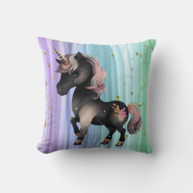 Black Unicorn Purple Pink Tail Throw Pillow (Front)