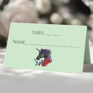 Black Unicorn Purple Red Sage Flowers Place Card