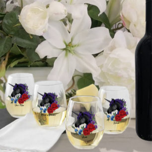 Black Unicorn Purple Red Sage Flowers Stemless Wine Glass