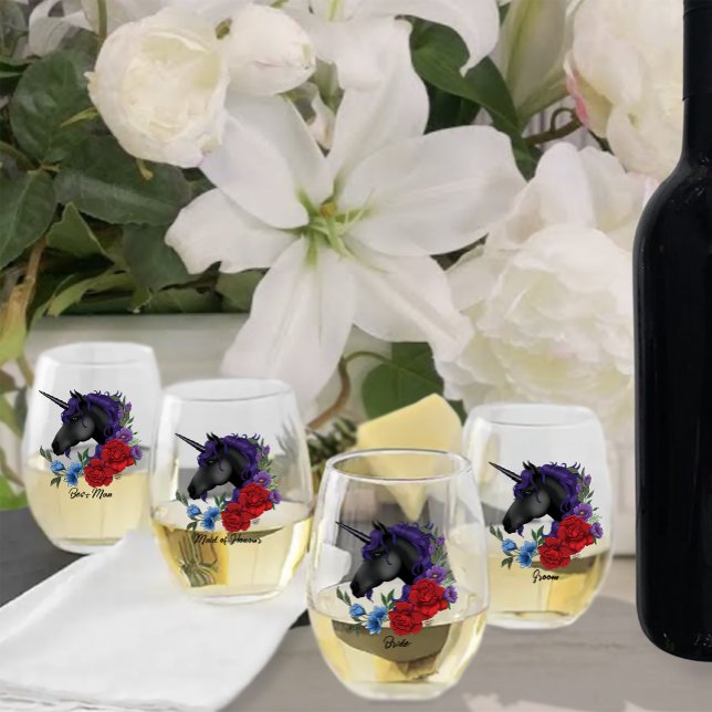 Black Unicorn Purple Red Sage Flowers Stemless Wine Glass (Creator Uploaded)