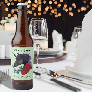 Black Unicorn Purple Red Sage Flowers Wedding Beer Bottle Label