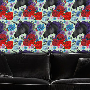 Black Unicorn Sage Green Midnight Garden Flowers Wallpaper
