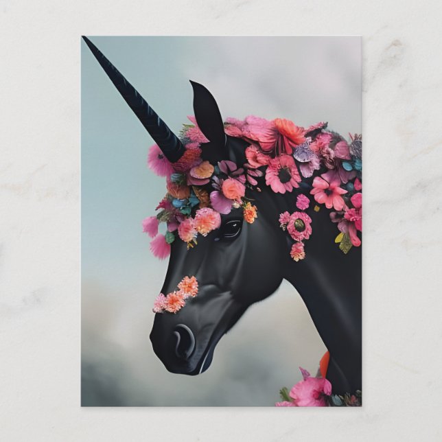 Black Unicorn with Flowers Postcard (Front)