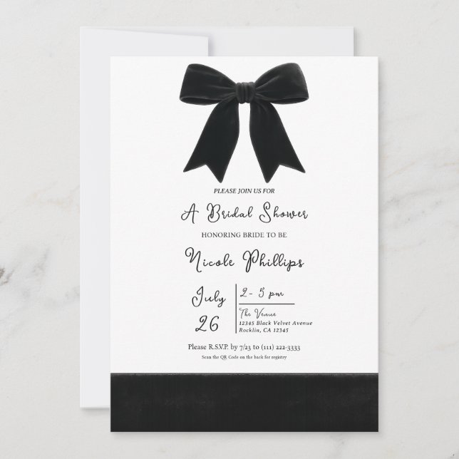 Black Velvet Bow Elegant Posh Photo Bridal Shower  Invitation (Front)