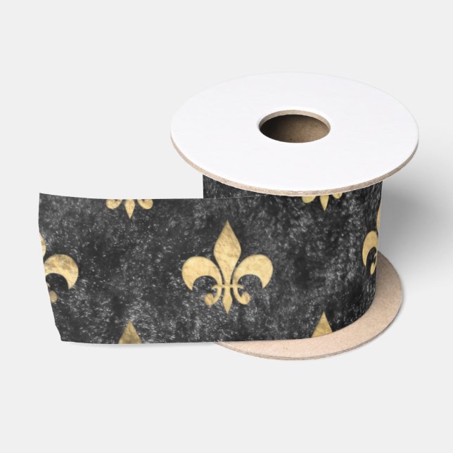 Black Velvet Fleur De Lis Mardi Gras Orleans Satin Ribbon (Spool)