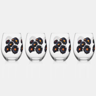 Black velvet flowers stemless wine glass