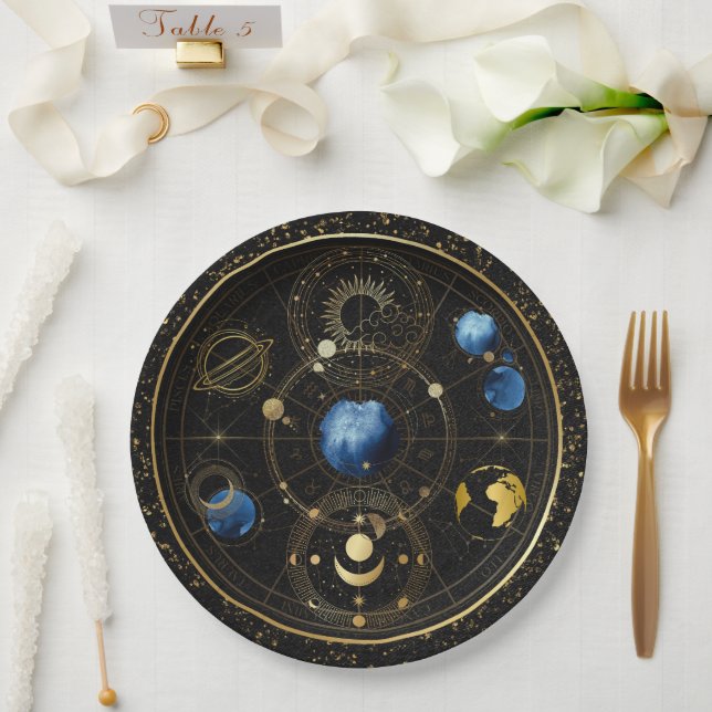 Black Velvet Gold Celestial Astrology Paper Plate (Wedding)