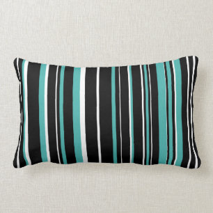 Black, Verdigris Blue Green, White Barcode Stripe Lumbar Pillow