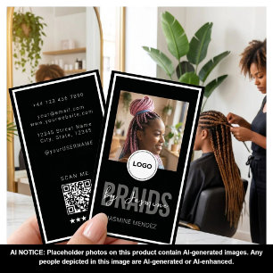 Black Vertical Braiding Salon Single Photo Logo QR Business Card