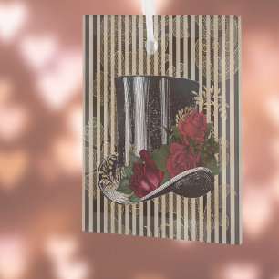 Black Victorian Hat on Black Gold Damask Stripes Glass Ornament