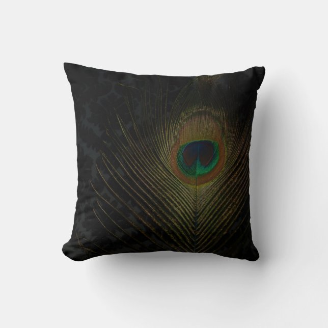 Black Victorian Wallpaper and Peacock Throw Pillow (Front)