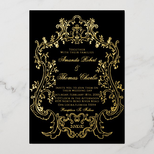 Black Victorian White et Gold Faire-part de mariag (Recto)