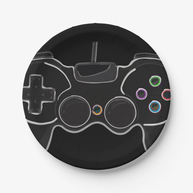 Black Video Game Controller Gamer Birthday Party Paper Plate (Front)
