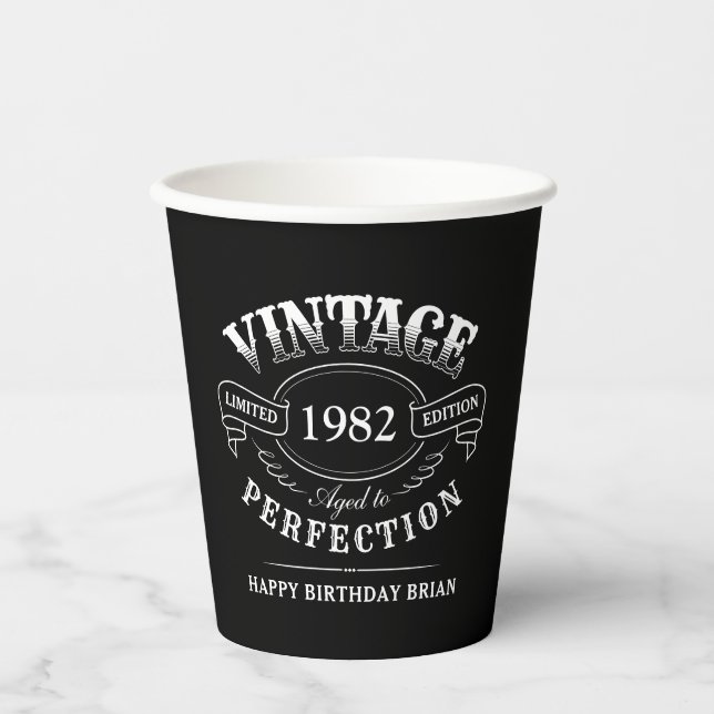 Black Vintage Aged To Perfection birthday Paper Cups (Front)