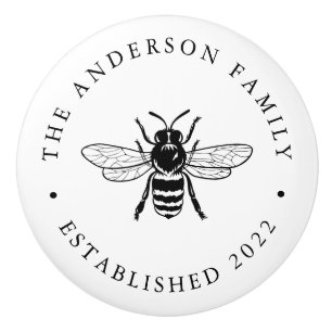 Black Vintage Bee Illustration Personalized Ceramic Knob