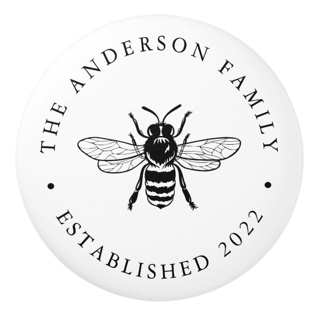 Black | Vintage Bee Illustration Personalized Ceramic Knob (Front)