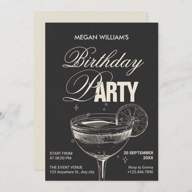 Black vintage cocktail birthday party invitation (Front/Back)