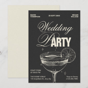 Black vintage cocktail wedding party invitation