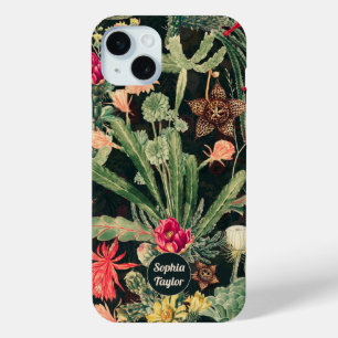 Black Vintage Colourful Cactus iPhone 15 Mini Case