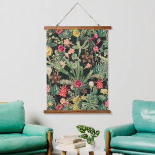 Black Vintage Colourful Cactus Hanging Tapestry