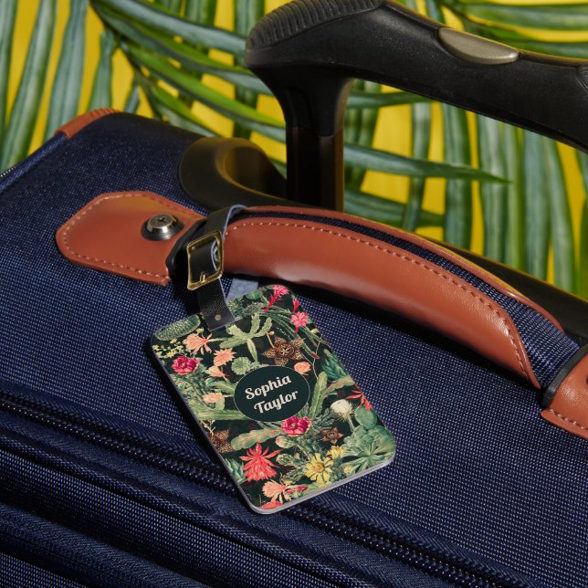 Black Vintage Colourful Cactus Luggage Tag (Front Insitu 1)