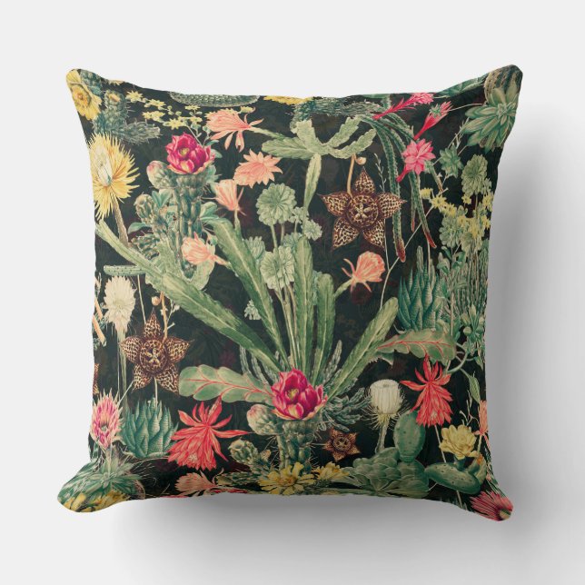 Black Vintage Colourful Cactus Throw Pillow (Front)