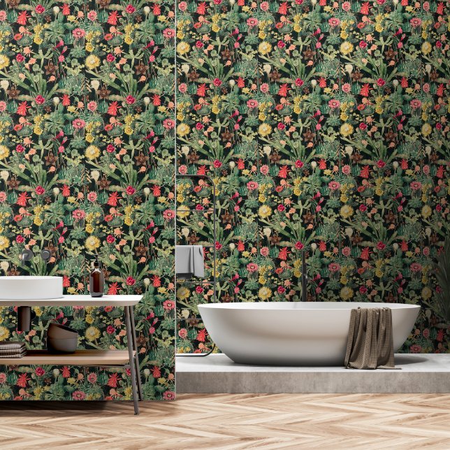 Black Vintage Colourful Cactus Wallpaper (Bathroom)