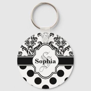 Black Vintage Damask Cute Polka Dots Keychain