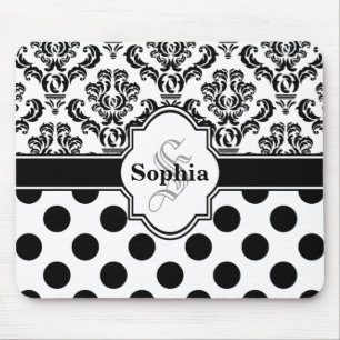 Black Vintage Damask Cute Polka Dots Mouse Pad