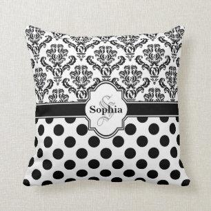 Black Vintage Damask Cute Polka Dots Throw Pillow