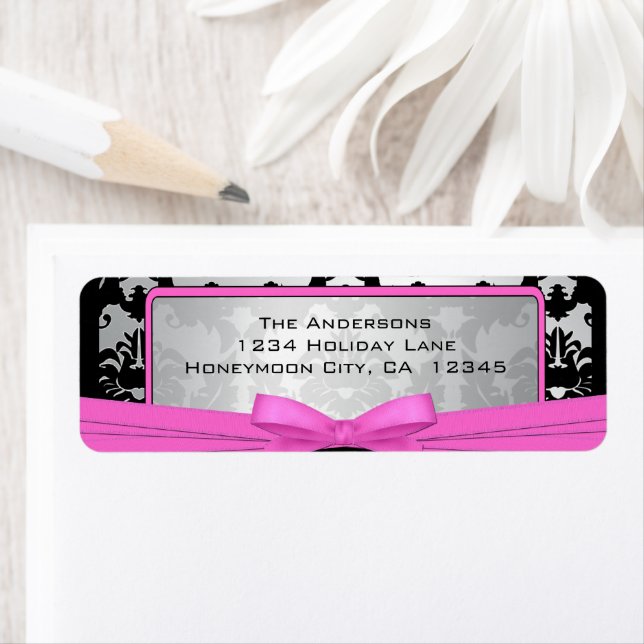 Black Vintage Damask Pink & Silver Address Label (Insitu)